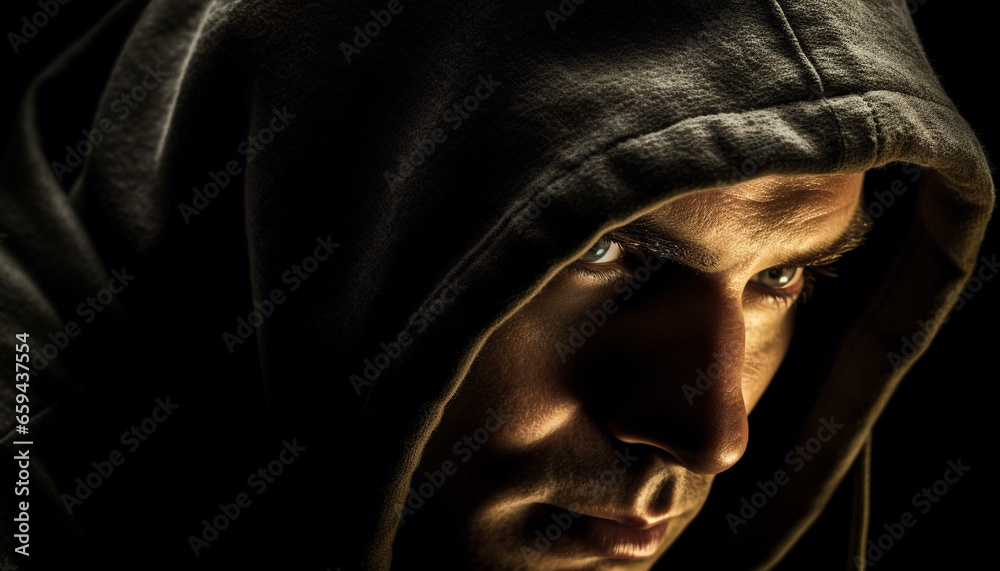 Sadness and mystery in the eyes of a hooded man generated by AI Sadness and mystery in the eyes of a hooded man generated by AI