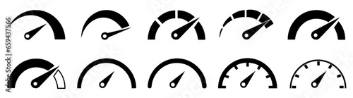 Speedometer, tachometer black icons. Speedometer indicator icon collection. Speed indicator icons on a white background. EPS 10