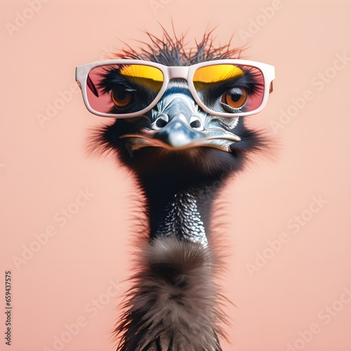 Bird ostrich emu in sunglass shade on a solid uniform background, editorial advertisement, commercial. Creative animal concept. With copy space for your advertisement