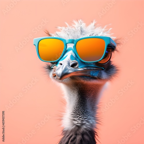 Bird ostrich emu in sunglass shade on a solid uniform background, editorial advertisement, commercial. Creative animal concept. With copy space for your advertisement