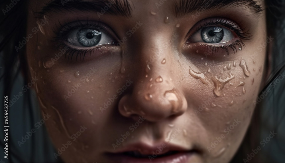 Fresh faced young woman smiles, raindrop on skin, innocence captured generated by AI Fresh faced young woman smiles, raindrop on skin, innocence captured generated by AI