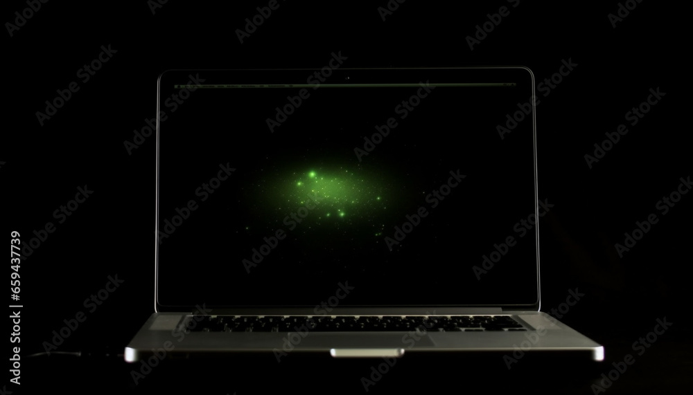 Modern laptop glows in the dark, connected to wireless network generated by AI Modern laptop glows in the dark, connected to wireless network generated by AI