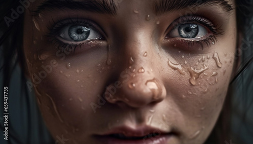 Fresh faced young woman smiles, raindrop on skin, innocence captured generated by AI © Stockgiu