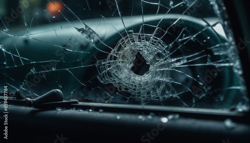 Broken car window reveals shattered glass in dark crime scene generated by AI