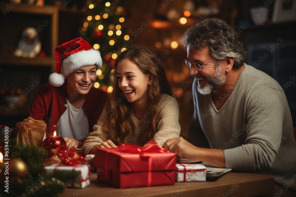 Cute girl with a Christmas gift and parents in the Christmas room at home. AI generative Cute girl with a Christmas gift and parents in the Christmas room at home. AI generative