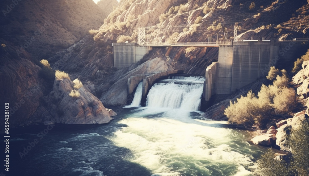 Fototapeta premium Hydroelectric power station generates electricity from flowing water in mountains generated by AI