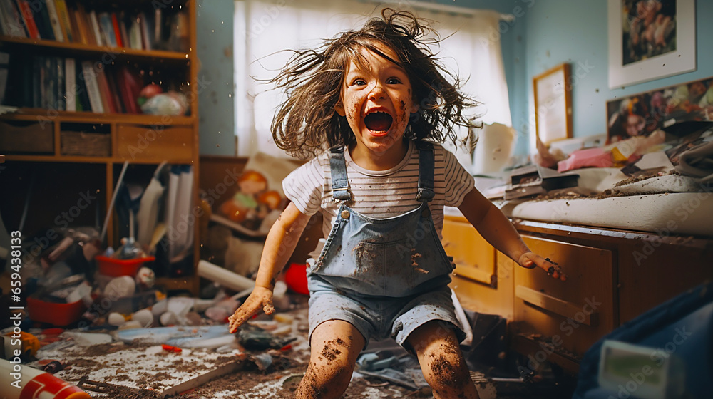 A child makes a mess in his room, scattering chocolate and screaming like a monster. - obrazy, fototapety, plakaty 