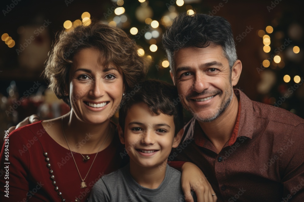 Cute boy with a Christmas gift and parents in the Christmas room at home. AI generative
