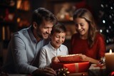 Cute boy with a Christmas gift and parents in the Christmas room at home. AI generative