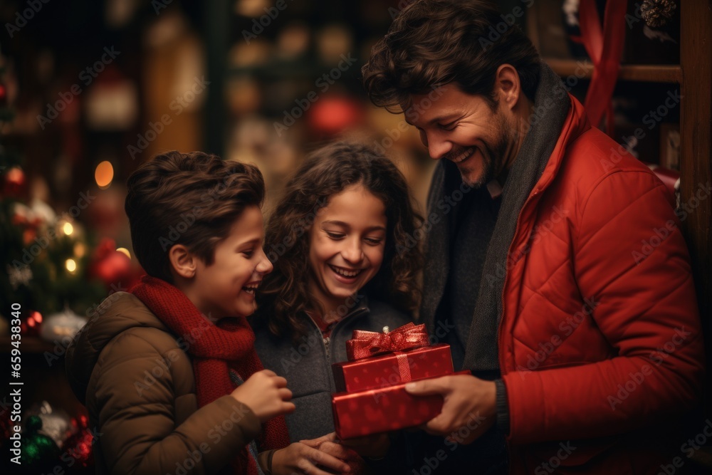 Cute boy with a Christmas gift and parents in the Christmas room at home. AI generative Cute boy with a Christmas gift and parents in the Christmas room at home. AI generative