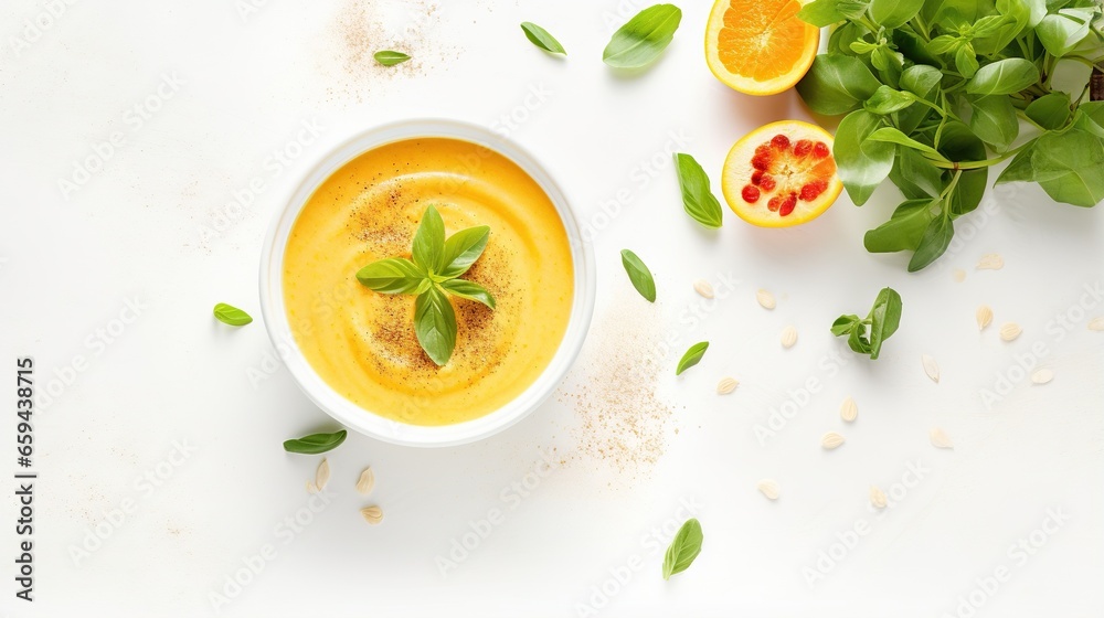 a white bowl filled with a yellow soup next to a bunch of green leaves. generative ai a white bowl filled with a yellow soup next to a bunch of green leaves. generative ai