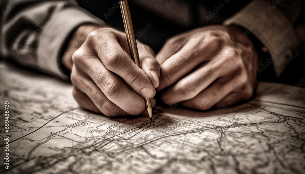 Obraz premium Architect businessman holding blueprint, planning construction industry success indoors generated by AI
