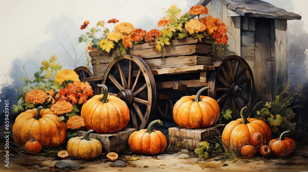a painting of a wagon with pumpkins and flowers on it. generative ai a painting of a wagon with pumpkins and flowers on it. generative ai
