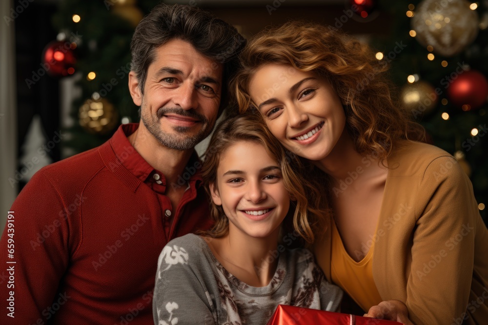 Cute girl with a Christmas gift and parents in the Christmas room at home. AI generative Cute girl with a Christmas gift and parents in the Christmas room at home. AI generative