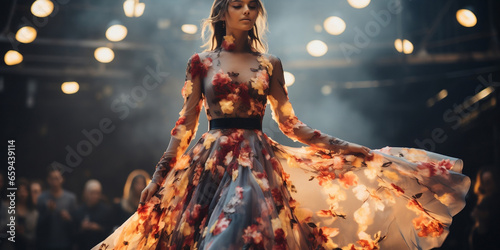 Female Model on Runway Fashion Show Catwalk in a Floral Dress Vibrant Colorful Beautiful Elegant Flowery Flowers Concept of Wedding Evening Dress photo