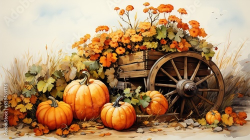  a painting of a wagon with pumpkins and flowers on it. generative ai