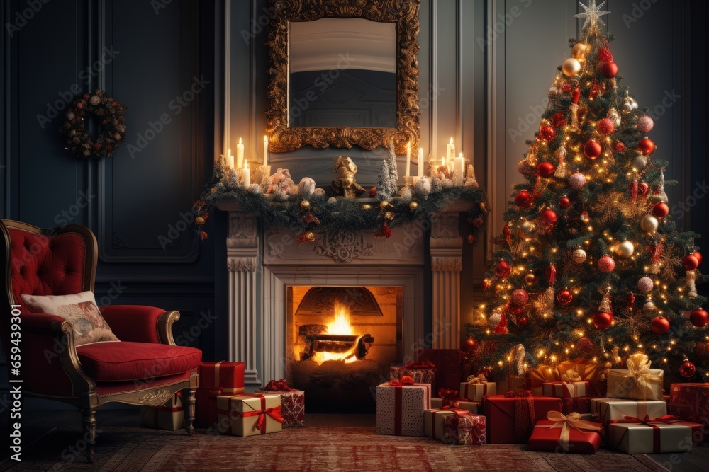 Interior of Christmas living room. magic glowing tree, fireplace, gifts, in dark at night. AI generative Interior of Christmas living room. magic glowing tree, fireplace, gifts, in dark at night. AI generative