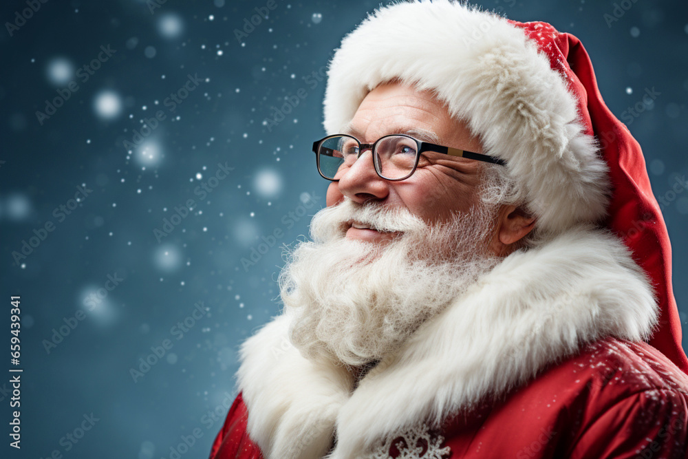 Photo of an elderly man with glasses and a Santa Claus hat looking to the side against the background of falling snow. Blue background Photo of an elderly man with glasses and a Santa Claus hat looking to the side against the background of falling snow. Blue background