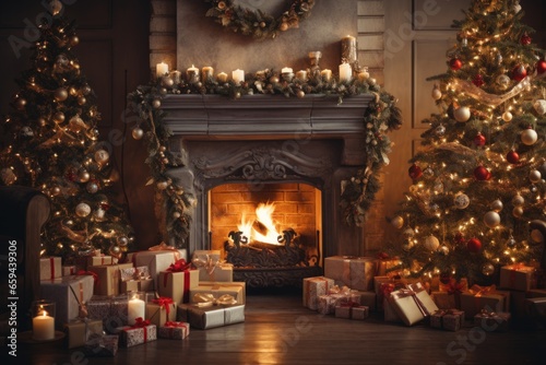 Interior of Christmas living room. magic glowing tree, fireplace, gifts, in dark at night. AI generative