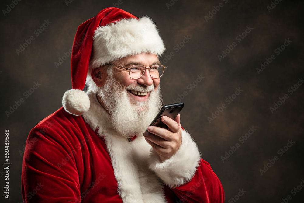 Photo of a man with glasses and a Santa Claus hat holding a mobile phone in his hands. Communication via audio messages using a smartphone Photo of a man with glasses and a Santa Claus hat holding a mobile phone in his hands. Communication via audio messages using a smartphone