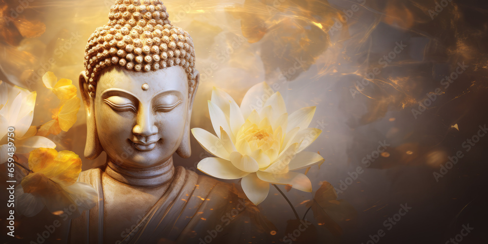 glowing golden buddha with Gold marble texture lotuses