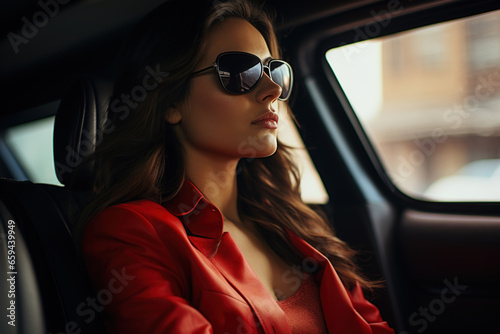 Glamorous stylish young woman in sunglasses driving a car while sitting inside and looking away © Sergio