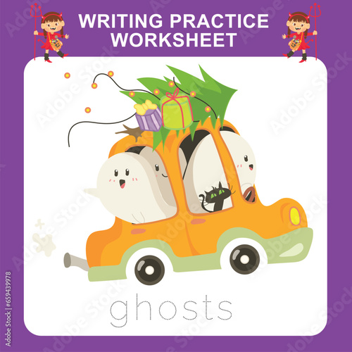 Writing practice worksheet for kids with Halloween festival theme  three cute ghosts go with a car. Educational printable worksheet. Writing exercise game for kids. Vector file.