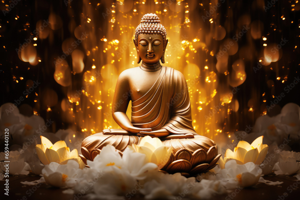 glowing golden buddha with Gold marble texture lotuses