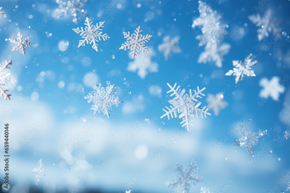 Snowflakes falling in the blue Sky at Sunshine. AI generative Snowflakes falling in the blue Sky at Sunshine. AI generative