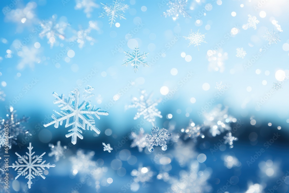 Snowflakes falling in the blue Sky at Sunshine. AI generative Snowflakes falling in the blue Sky at Sunshine. AI generative