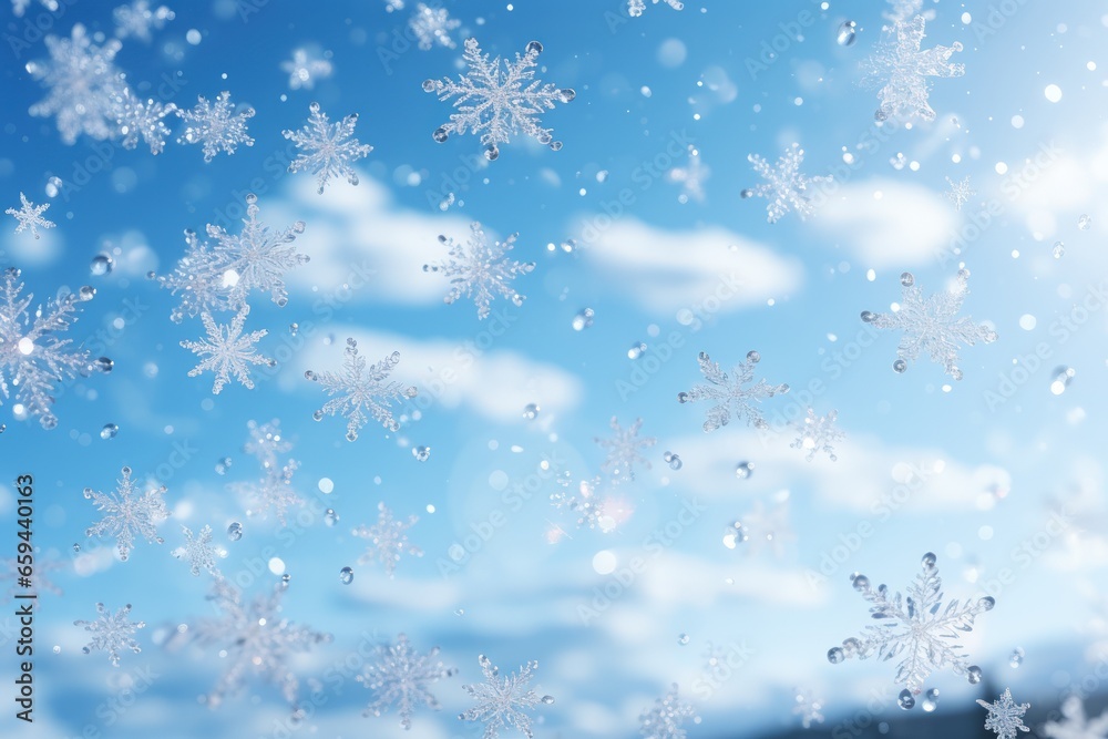 Snowflakes falling in the blue Sky at Sunshine. AI generative