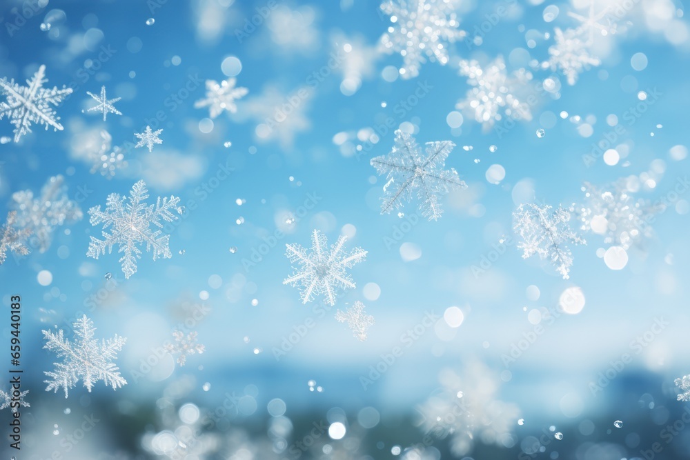 Snowflakes falling in the blue Sky at Sunshine. AI generative Snowflakes falling in the blue Sky at Sunshine. AI generative