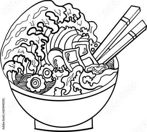 Ramen vector illustration for elements on backdrop and wall in restaurant.Traditional Japanese culture for printing on sticker or T-shirt.Food vector.Japanese wave with Fuji Mountain coloring book.
