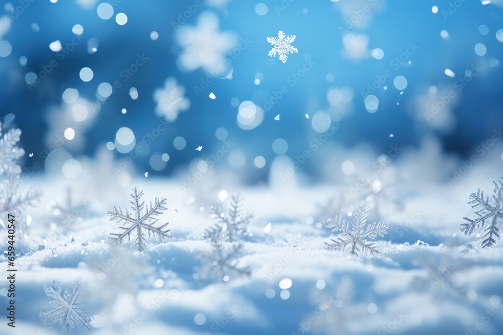 Snowflakes falling to snow ground warm morning light. AI generative Snowflakes falling to snow ground warm morning light. AI generative
