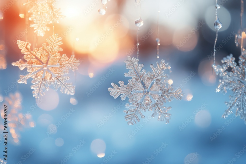 Snowflakes falling to snow ground warm morning light. AI generative Snowflakes falling to snow ground warm morning light. AI generative