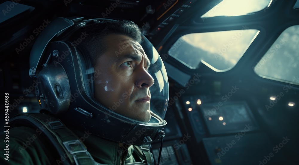A fearless pilot prepares to embark on a daring mission, his suit gleaming in the dimly lit cockpit as he gazes out at the endless expanse of space before him A fearless pilot prepares to embark on a daring mission, his suit gleaming in the dimly lit cockpit as he gazes out at the endless expanse of space before him