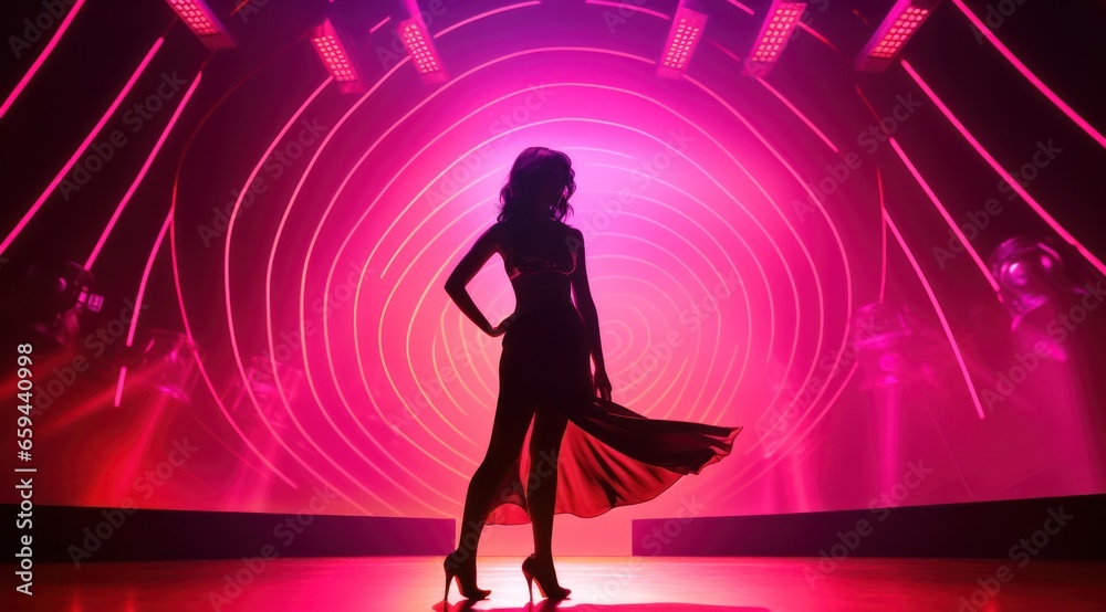 A captivating woman in vibrant magenta clothing and striking footwear dazzles on stage, her graceful dance moves illuminated by the bright lights, exuding pure entertainment A captivating woman in vibrant magenta clothing and striking footwear dazzles on stage, her graceful dance moves illuminated by the bright lights, exuding pure entertainment