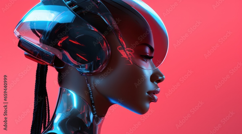 Amidst a sea of static, a modern muse emerges in her armored guise, a living sculpture breathing life into the cold metal of her futuristic helmet Amidst a sea of static, a modern muse emerges in her armored guise, a living sculpture breathing life into the cold metal of her futuristic helmet
