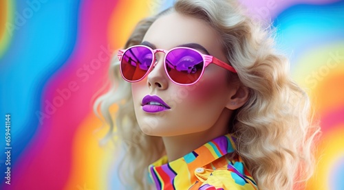 A vibrant and stylish woman sporting magenta sunglasses and bold lipstick gazes confidently at the camera, embodying a sense of fashion and adventure with her outdoor eyewear and blonde locks