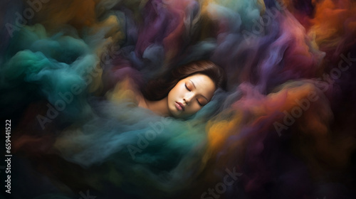 Sleeping Immersed in Colorful Mist Mental Health Wellness Insomnia Dreaming in a Dream Alice in the Wonderland Flowing Air Psychology Problems Disorders Self Care Surrealistic Illustration Painting