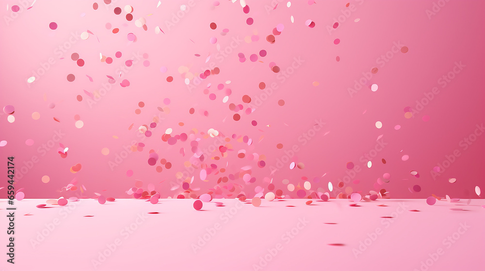 Confetti sparkles on a pink background, the theme of a holiday and a birthday.