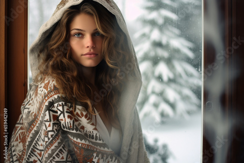 Beautiful caucasian woman wearing nordic style poncho at home by the window, winter woods landscape outside