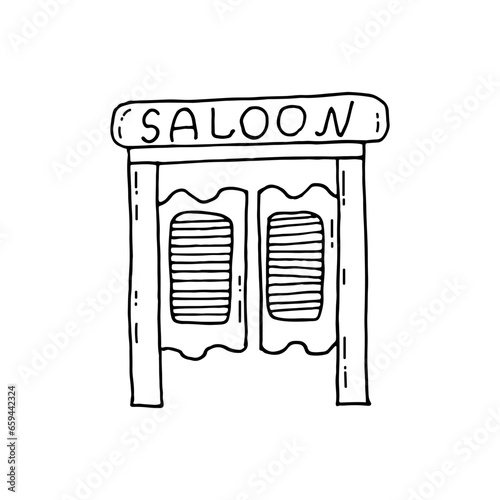 Old swing doors of a drinking establishment - a saloon, in Western style. Wild West. Doodle. Vector illustration. Hand drawn. Outline.