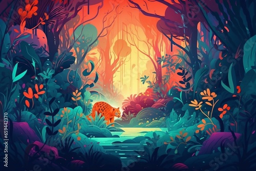 Colorful fantasy jungle painting illustration. Generative AI © David