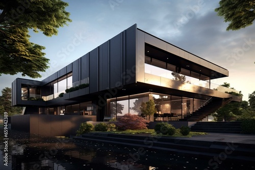 Sleek, contemporary dwelling with refined black exterior. Rendered in 3D. Generative AI