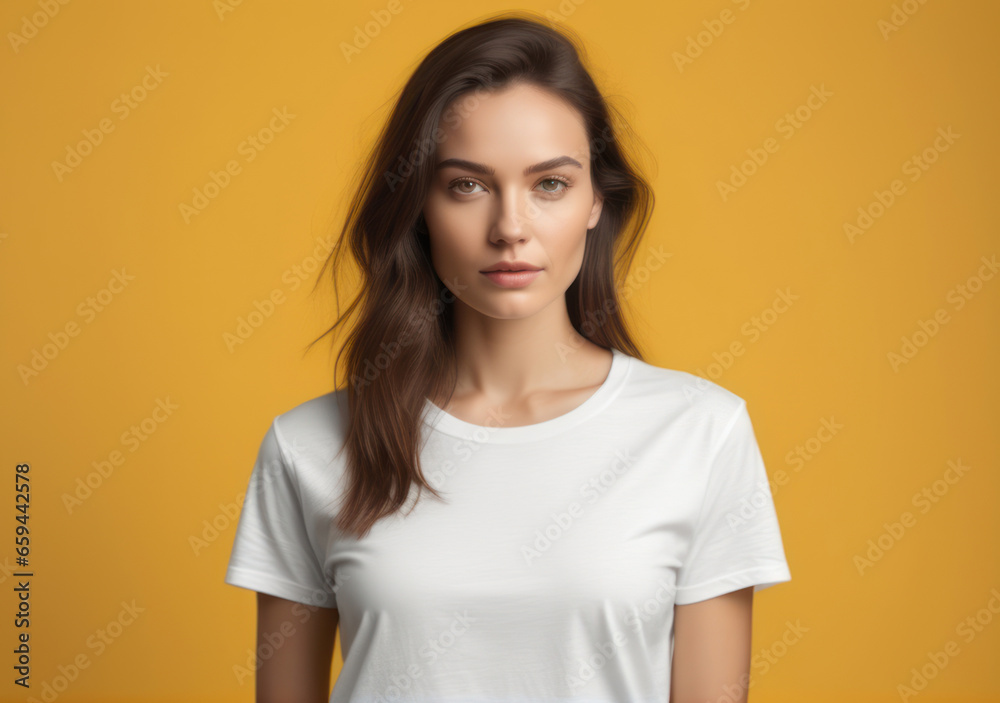 portrait of a woman in a white t-shirt and yellow background portrait of a woman in a white t-shirt and yellow background