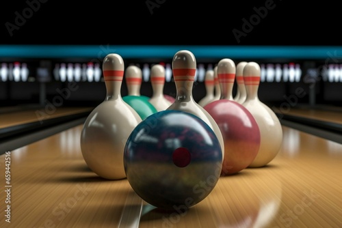 Image of bowling ball knocking pins for a strike in a bowling alley with a 3D rendering. Generative AI