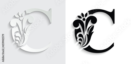 letter C. Black flower alphabet. Beautiful capital letters with shadow