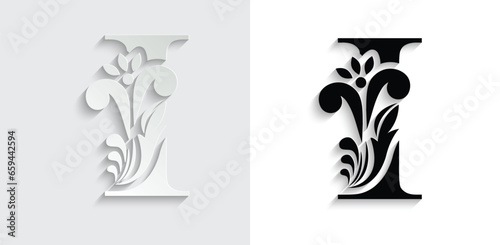 letter I. Black flower alphabet. Beautiful capital letters with shadow