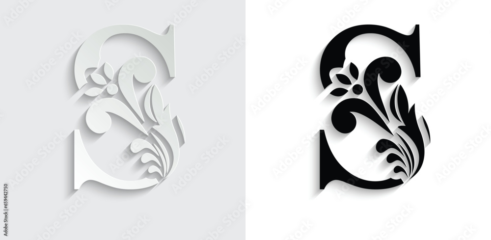 letter S. Black flower alphabet. Beautiful capital letters with shadow